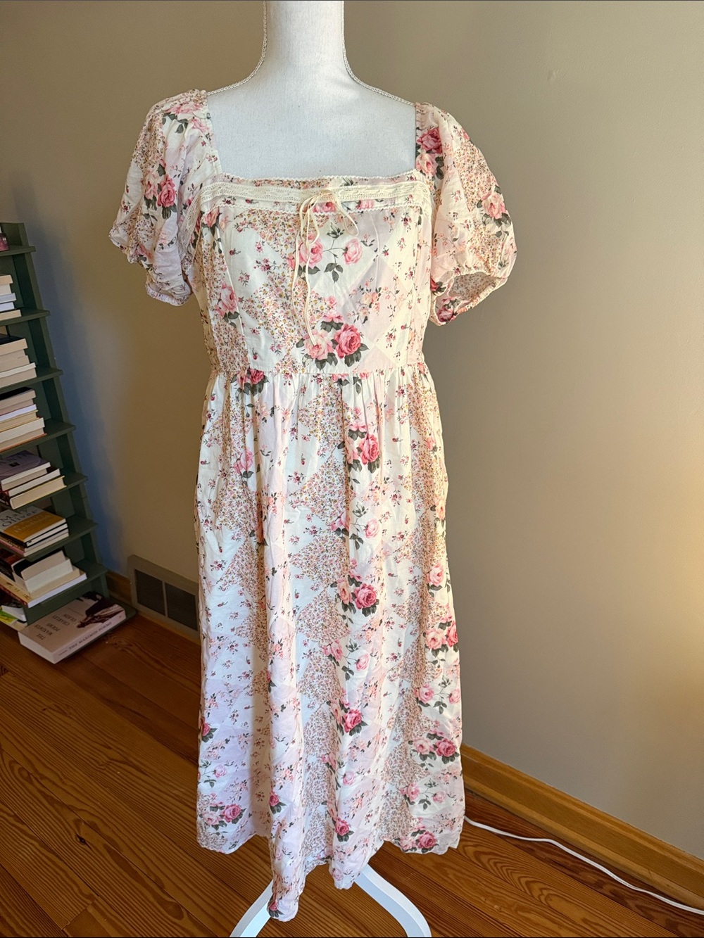 Abercrombie & Fitch Cream Midi Dress with Pink Rose Print